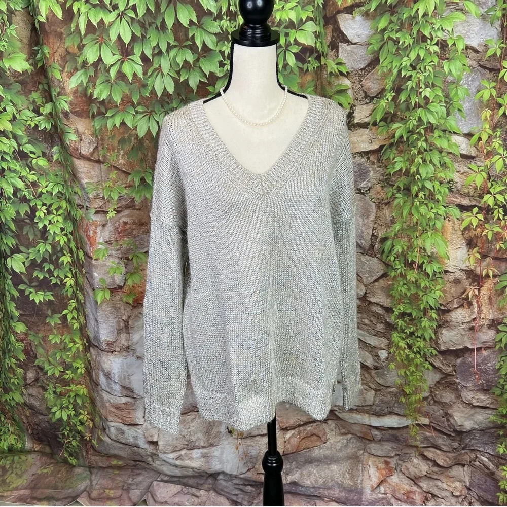 VINCE. Sparkling Metallic V-Neck Sweater, L